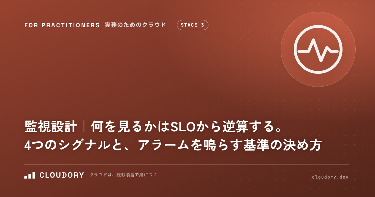 監視設計｜何を見るかは SLO から逆算する。4つのシグナルと、アラームを鳴らす基準の決め方
